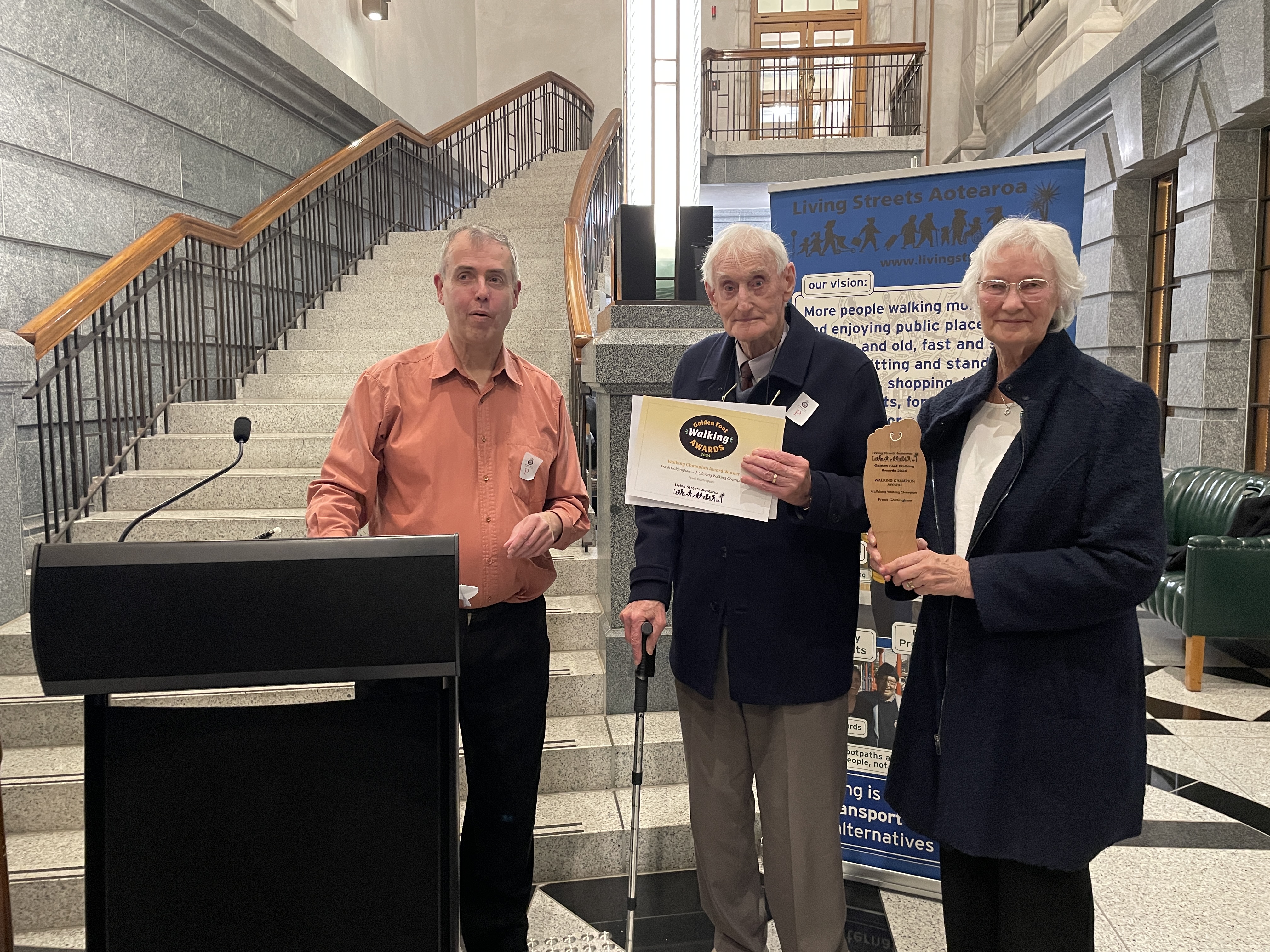 Photo: At the awards ceremony at Parliament. From left - Tim Jones, president of Living Streets Aotearoa, Frank Goldingham, Beverley Goldingham. 